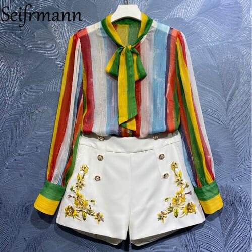 Seifrmann New 2021 Summer Women Fashion Runway Shorts Set Lantern Sleeve Loose Printed Blouses + High Waist Crystal Shorts Suits