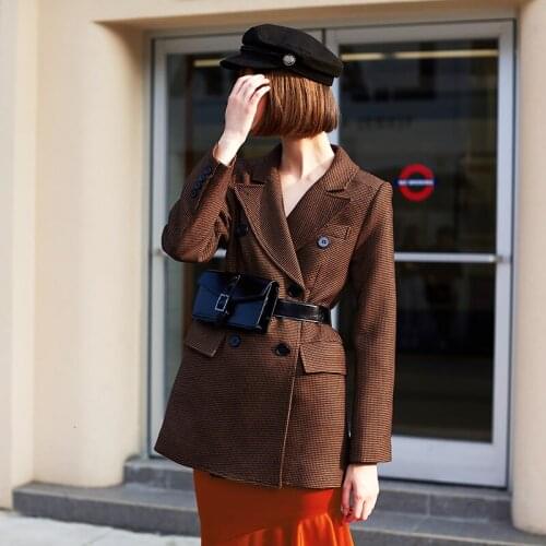 Vintage Plaid Houndstooth Blazer Women High Quality Double Breasted Wool Jackets Coats Female Ladies 2020 Autumn Winter Outwear