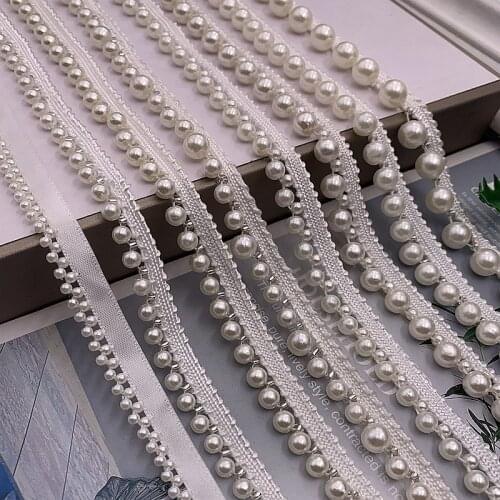 10Yards 4/8mm White Pearl Beaded Lace Trim Tape Lace Ribbon African Lace Fabric Collar Dress Sewing Garment Headdress Materials