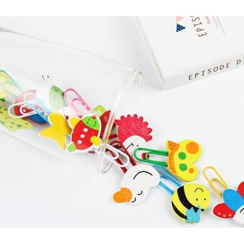 12pcs/Set Kawaii Animal Cartoon Pattern Wooden Paper Clips Bookmark Shaped Paper Clip Office Supplies Estuches School