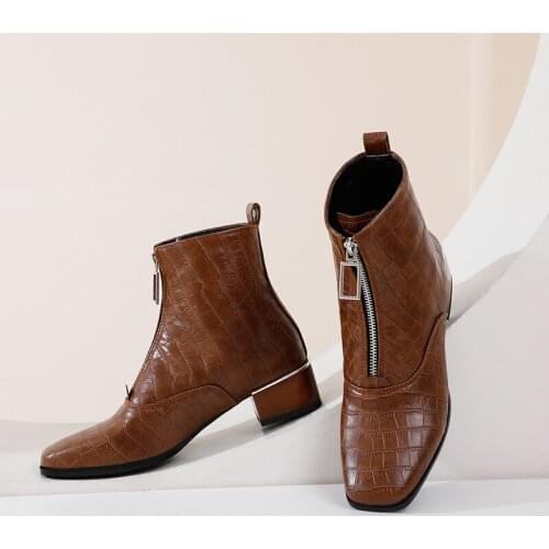 2021 New Autumn Winter Retro Square Toe Zipper Ankle Boots Square Heel All Match Women Shoes Size 34-43