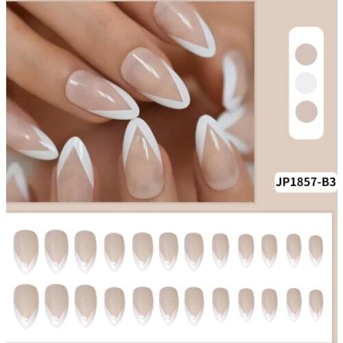 24pcs V-shaped Fake Nail Patch White Edges French Style False Nail Patch Mid Length Ballerina Acrylic Press on Nail Tips