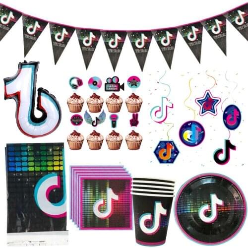 86pcs/lot Birthday Party Music Design Cups Cake Toppers Kids Favors Video Napkins Plates Banner Decor Tablecloth Balloons Swirls