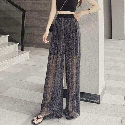 AECU Women Tie Wide Leg Pants Female Plus Size Casual Ladies Culottes Trousers Women See Through Beach Mesh Sheer Wide Leg Pants