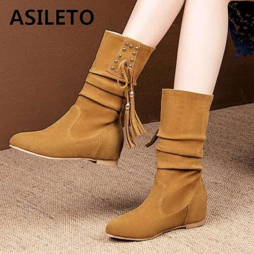 ASILETO Winter ankle boots Suede leather shoes height increase Studded tassel Slip on fringe Booties mujer big size 34-49 botas