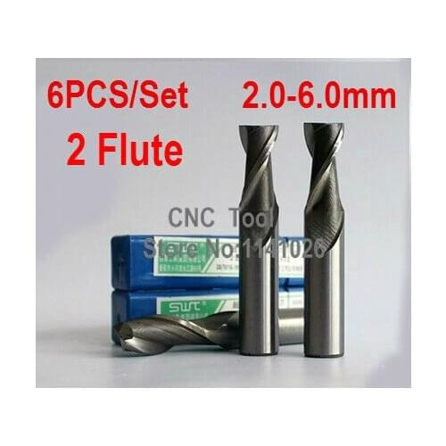 Free Shipping 6 pcs/set 2.0~6.0mm 2 Flute Milling Cutter Aluminium End Mill Cutter CNC ,Equipment milling cutter rotary cutter