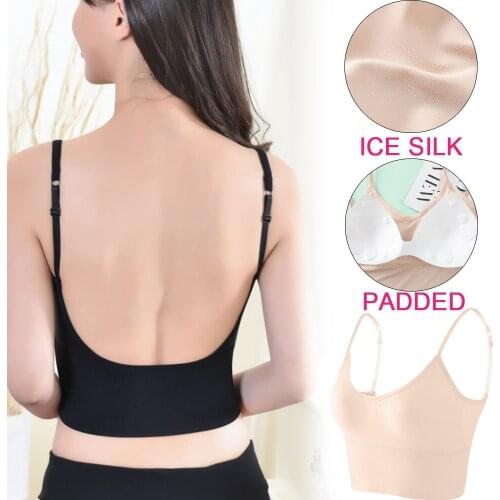 Women Bra Backless Open Back Tank Top Ice Silk Seamless Bralette U Type Low Back Bras Push Up Wirefree Underwear Sexy Sports