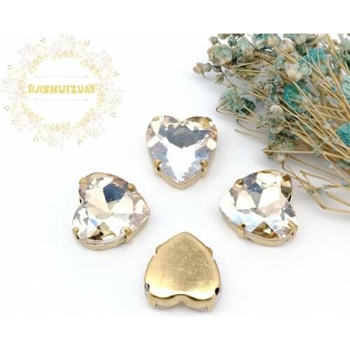 Champagne Heart shape Crystal Glass Sewing Rhinestones with gold Claw Rhinestones for Diy wedding Dress and Bags