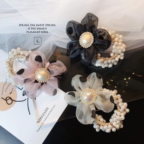 Elegant Yarn Flowers Hair Band High Elastic Rubber Band Korean Silk Floral Pearl Hair Ties Bracelet Ponytail Holders Wholesale