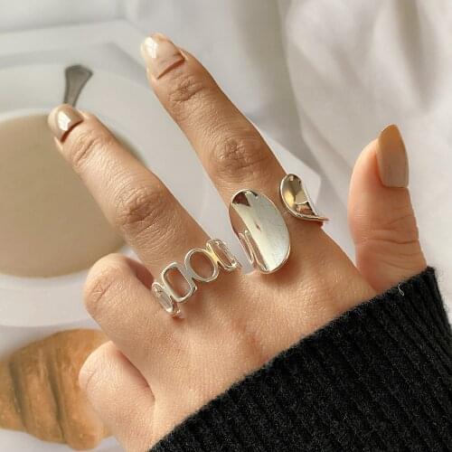 FNIO 2021 Minimalist 925 Silver Color Width Rings for Women New Fashion Creative Hollow Geometric Handmade Party Jewelry Gift