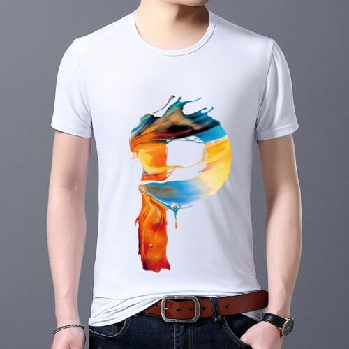 New T-shirt White Personality Mens Casual Basic English Paint 26 English P Letter Printing Series Slim Round Neck Commuter Top