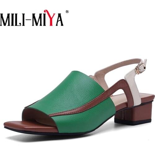 MILI-MIYA Full Genuine Leather Patchwork Color Thick Heel Women Sandals High Quality Summer Square Heel Women Shoes Big Size 42