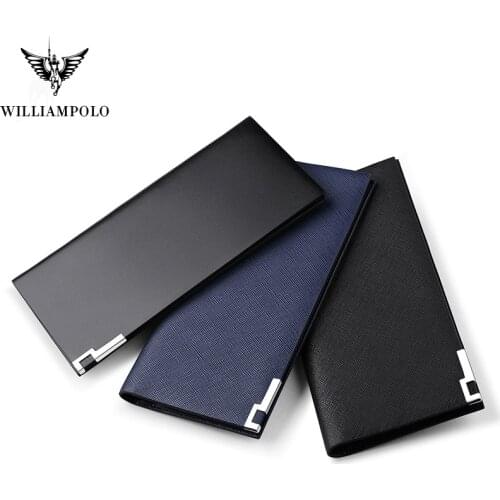 Men Genuine Leather Long Thin Clutch Wallet WILLIAMPOLO 13 Credit Card And Business Card Holder Fashion Slim Purse Minimalist