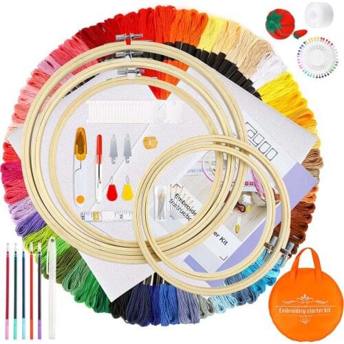 Embroidery Kit with Instructions,Threads,Sewing Pins,Aida Cloth,Embroidery Hoops and Cross Stitch Tools for Adults&Kids Beginner