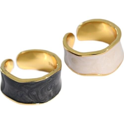 Simple Retro S925 Silver Open Ring Ins Niche Design Personality White Fritillary Black Agate Epoxy Rings Jewelry Party Gifts