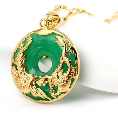Dragon Phoenix Green Jade Necklaces For Women Men Ethnic Retro Style Zodiac Animal Lucky Necklace Fashion Jewelry Gifts