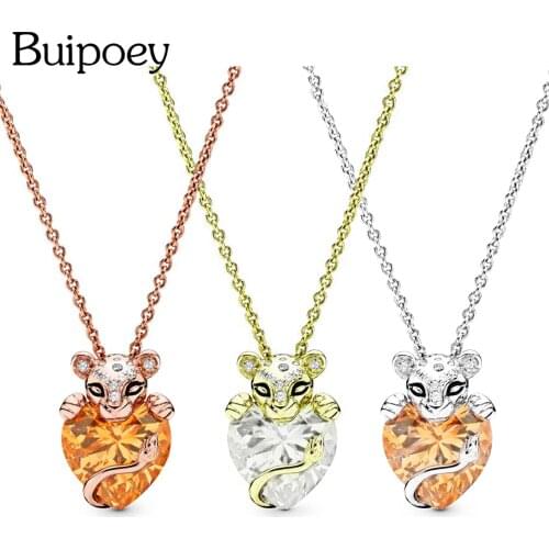 Buipoey Rose Gold Shiny Lioness Heart Crystal Pendant Charm Necklace Female Lion Cub Pendant Collar Children Boy Girl Necklace