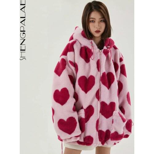 SHENGPALAE Harajuku Heart Full Print Plush Jacket Women Winter 2021 Korean Large Size Long Sleeve Hooded Cotton Coat Thick Warm
