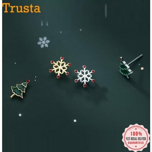 TrustDavis 925 Sterling Silver Asymmetric Snowflake Christmas Tree Stud Earring For Women Wedding Party Fine S925 Present DA227