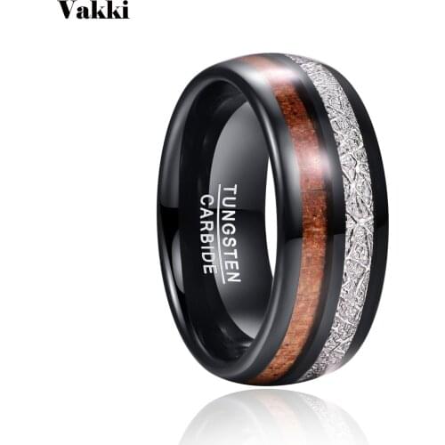 VAKKI 8mm Inlaid Wood Grain Meteorite Electric Wolfram Steel Ring Men Jewelry Wedding Bands