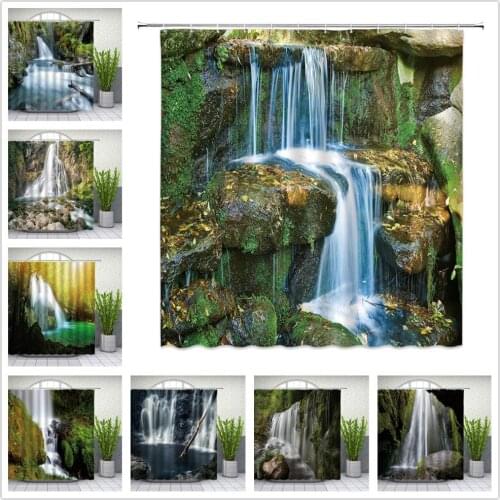3D Waterfall Scenery Waterproof Shower Curtain Bathroom Landscape Trees Flower Green Plants Bathroom Decor Curtain Set Cheap