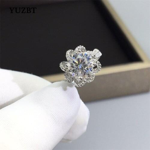 YUZBT Women 925 Silver 1 Carat Excellent Cut 6.5mm Gemstone Diamond Test Past D Color Moissanite Princess Flower Wedding Ring