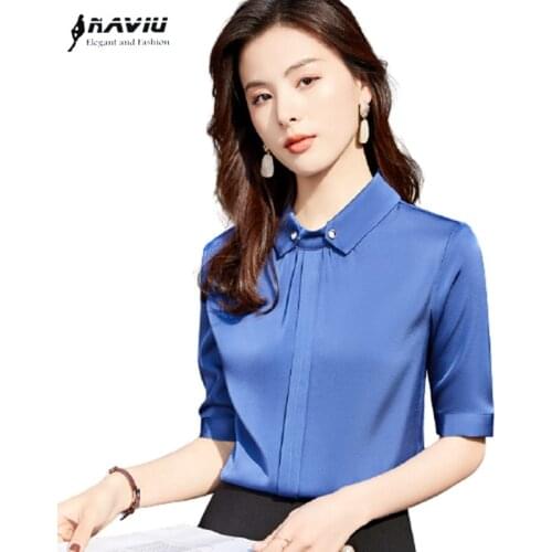 Professional Half Sleeve Blue Shirt Women 2021 Summer New Temperament Chiffon Formal Blouses Office Ladies Work Tops