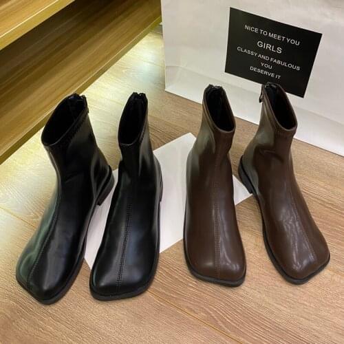 Spring Autumn Womens Ankle Boots Square Toe Zipper Simple Low Heels Shoes Black White Brown J74