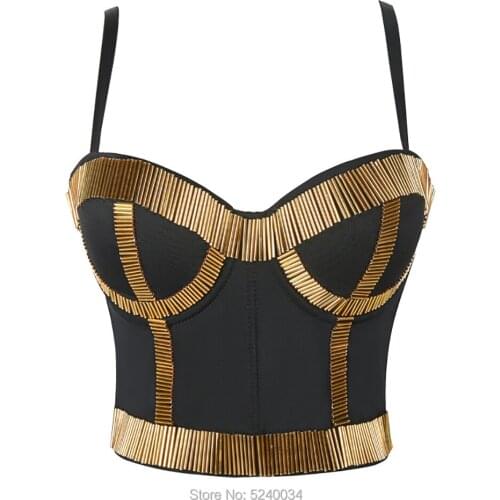 Bead Women Tank Tops Rock style Stage costumes Bustier Push Up Bra Vest Corset Bustier Crop Club Party Corset Crop Top Vest
