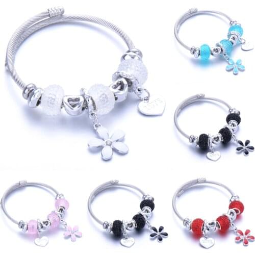 2020 New Charm Love Flowers Stainless Steel Bracelets Bangles For Women Flower Crystal Beads Love Bracelet & Bangle Jewelry