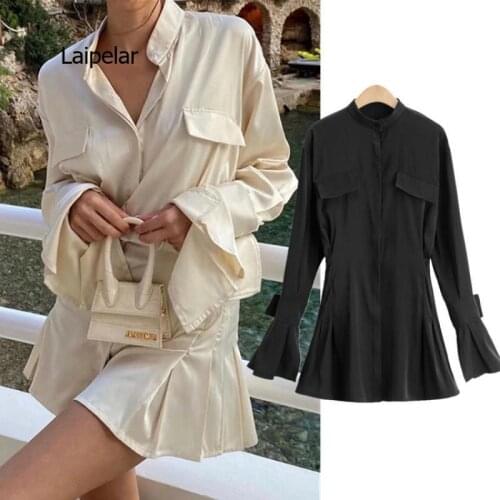 Ladies dress 2021 stand-up collar satin waist waist shirt dress casual womens white dress suit mid-length skirt
