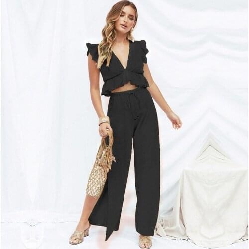 Womens Sexy V-neck Ruffled Sleeveless Chiffon Tops Set 2021 Split Wide Leg Pants Suits Fashion All-Match Two Piece Set Women