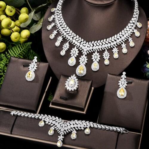 Famous Brand 4PC Yellow CZ Luxury African Jewelry Set For Women Wedding Party Zircon Crystal Dubai Bridal Jewelry Set Gift