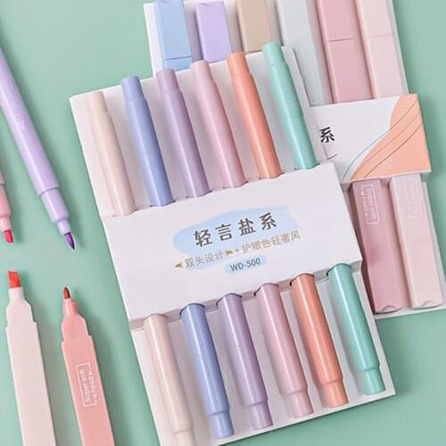 6 Pcs Dual-end Highlighter Assorted Colors Square/Round Pen Barrel Dual Brush Marker Pen Gift for Kids Hard Box Sealed