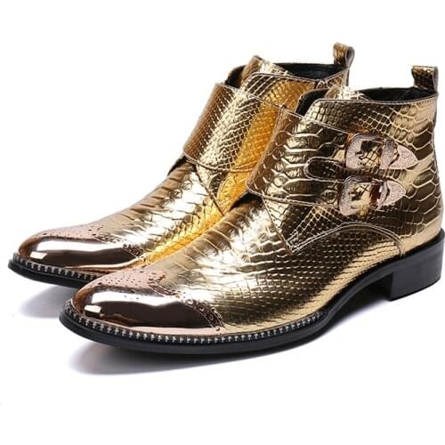 Genuine Leather Low heel zip Double buckle ankle boots fashion gold Bullock carved oxford pointed toe Martin boots big size 46