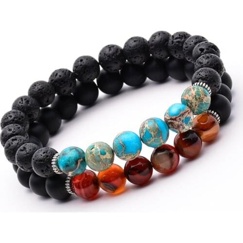 Lava Volcanic Rock Charms Bracelet 8mm Double Layer Row Unisex Yoga Stone Energy Healing Charms Bangle Gift Daily Jewelry Set