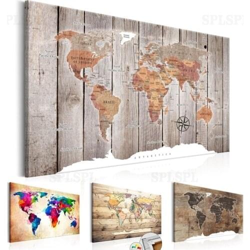 Wood World Map Wall Art Antique Canvas Painting Posters and Prints Old Pictures for Living Bedroom Cuadros Decoracion Salon