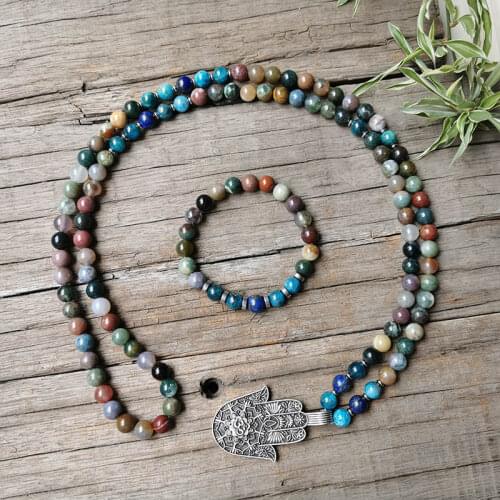 8mm Indian Onyx Mala Beads,Apatite Mala Necklace,Charming Lotus Pendant,Meditation Jewelry,Unisex Mala,Yoga Gift,108 Mala Beads