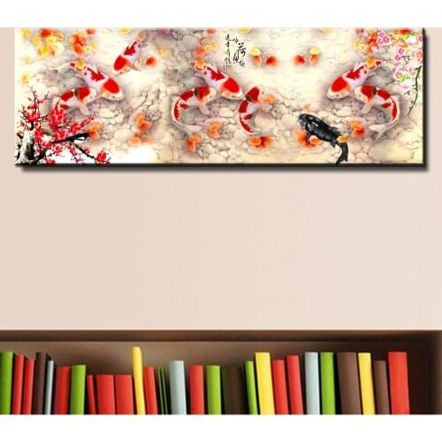Chinese Abstract Nine Koi Fish Landscape Oil Painting on Canvas Poster Wall Art Picture HD Print for Living Room Modern Decor