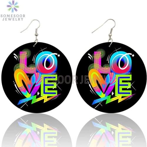 SOMESOOR Colorful LOVE Pink Kiss Artistic Printed Wooden Drop Earrings Cute Design Locs Loops Dangle Jewelry For Women Gifts