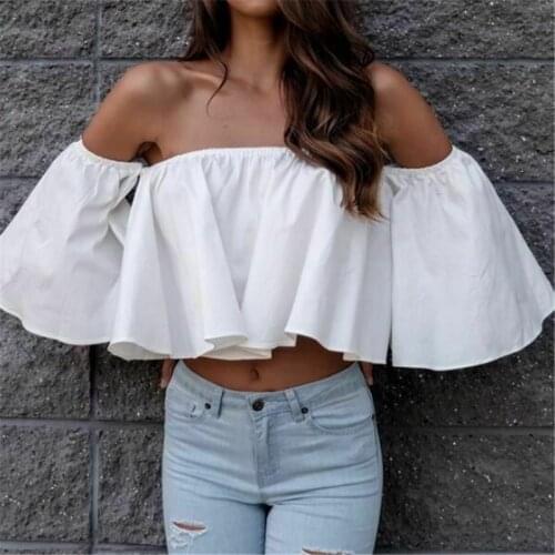Summer Temperament Fashion Women Girl Flare sleeve Tank tops Off shoulder Ruffle Solid Color tee shirt Crop Top Cropped