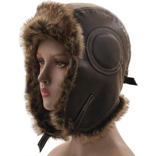 Hot Bomber Hats Winter Men Warm Russian Ushanka Hat with Ear Flap Pu Leather Fur Trapper Cap Earflap