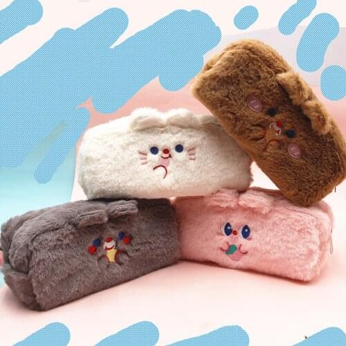 Cute Plush Pencil Pen Pouch Bag Pencil Case Faux Fur Lightweight Large Capacity Stationary Cosmetics Bags For Students Girls
