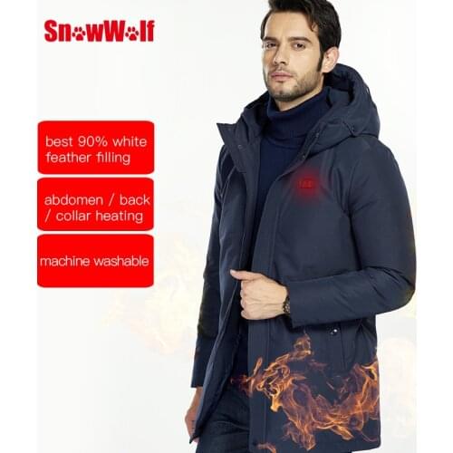 SNOWWOLF Men Winter White Duck Down Jacket Fishing Clothes USB Heated Hooded Outdoor Thermal Fishing Hiking Camping Coat