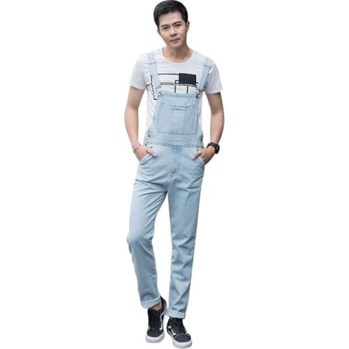 New Men Overalls Bib Jeans Slim Straight Denim Jumpsuits Fashion Pocket Workwear Pants Light White Trousers Large Size S - 5XL