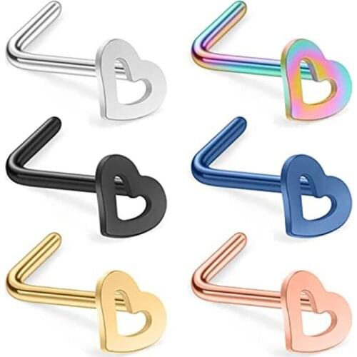 Wholesale Body Piercing Jewelry Hollow Heart L Shape Nostril Nose Pin Ring