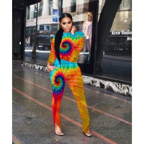 Tie dye print autumn 2 piece set women full sleeve top and full length pants casual two piece set outfit MD5049