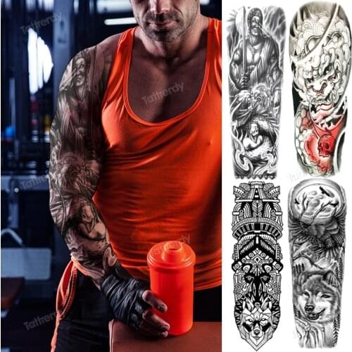 Full arm temporary tattoos for men fake tattoo sleeves thigh leg body art sexy tattoo dragon wolf totem clock tattoos man boys