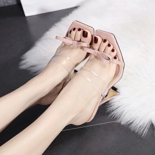 New Square Toe Ladies Slippers Transparent PVC High Heels Fashion Bow-knot Slides Sandals Woman Dress Party Shoes Women Pumps