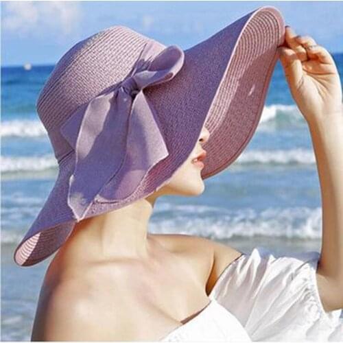 Summer Beach Big Brim Bow Hats for Women Solid Color Straw Seaside Travel Hat Sun UV Protection Visor Cap Sombreros De Sol 2021